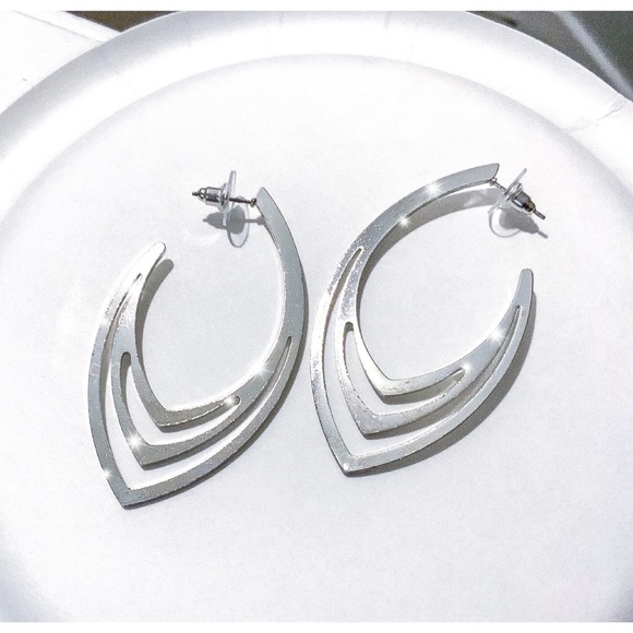 Any 2/$20! Shiny Silver Layered Obelisk ‘Hoop’ Stud Earrings - Picture 2 of 5